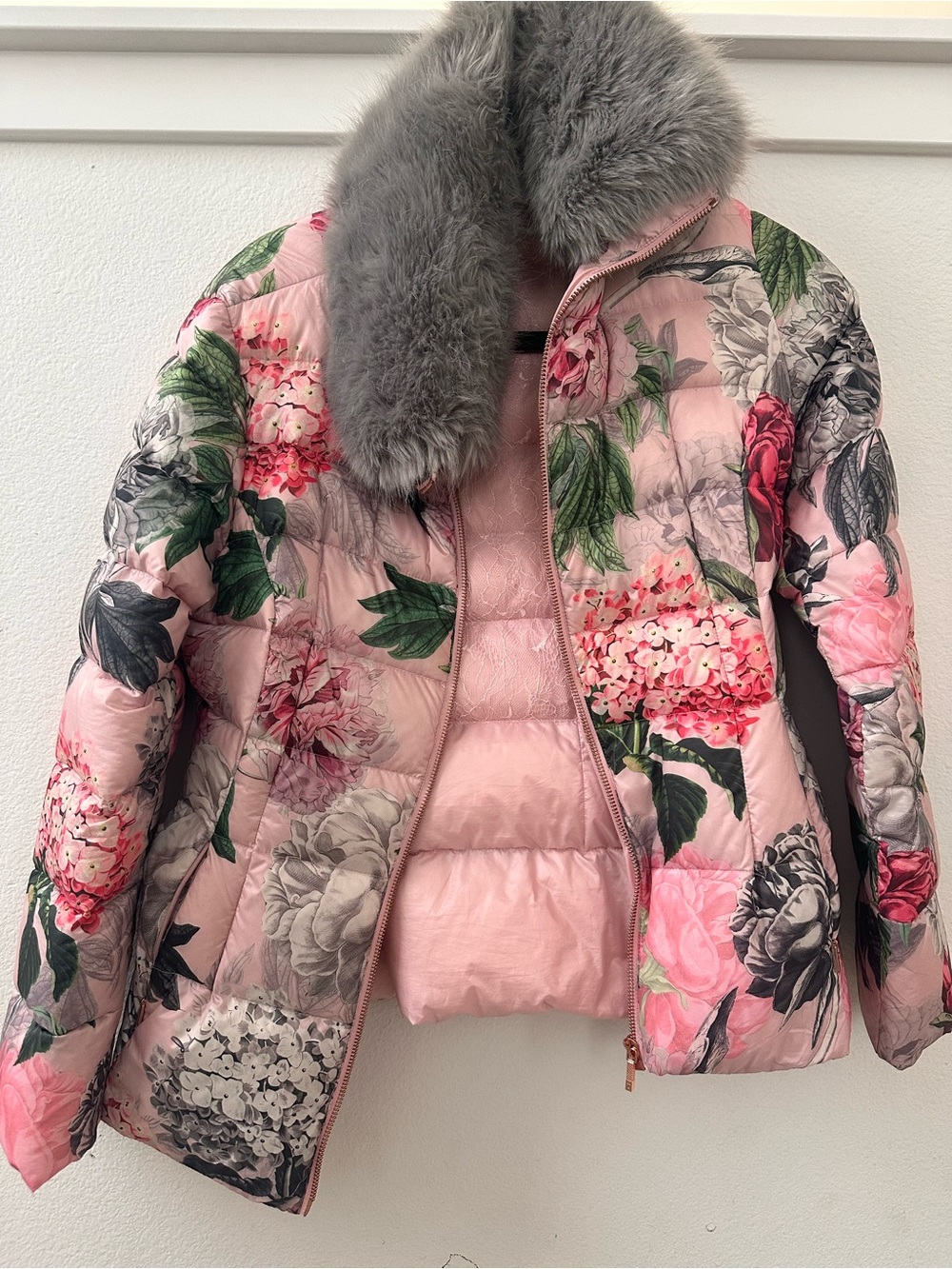 Ted Baker Floral Pink Quilted Jacket with Gray Fur Collar